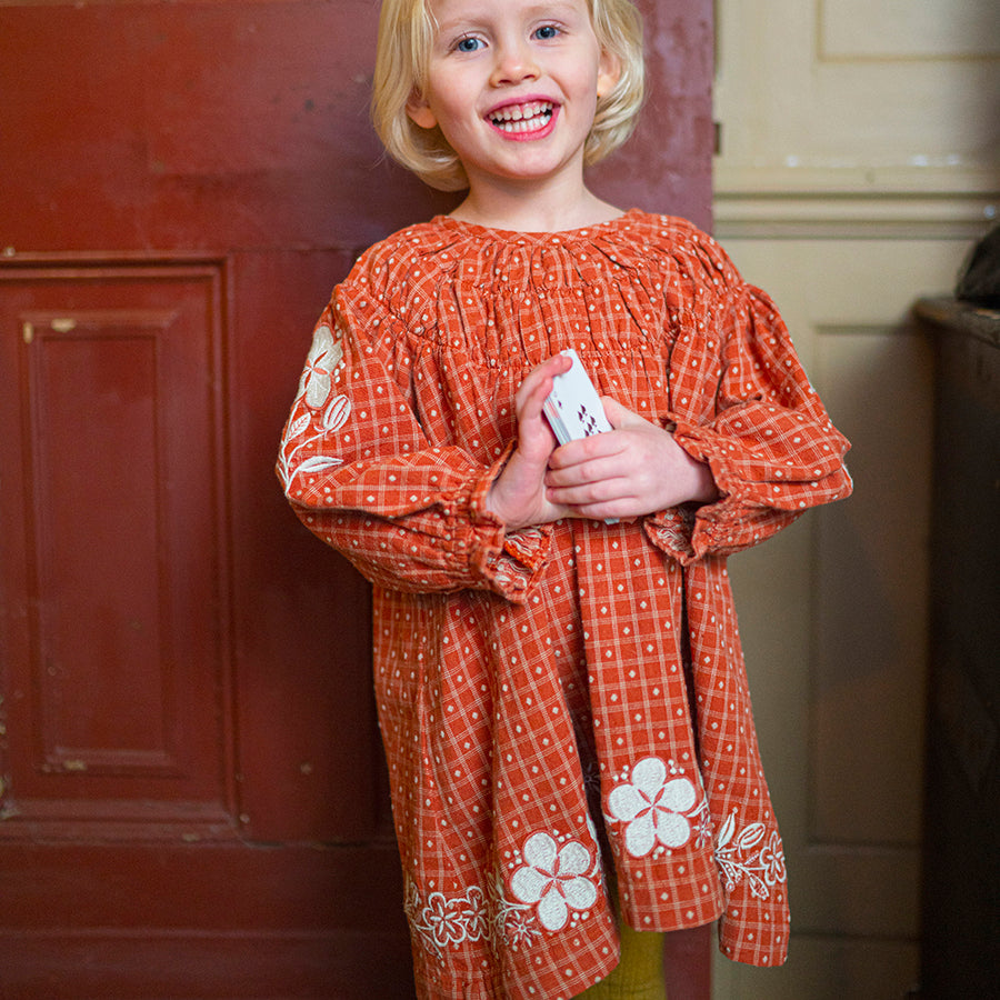 Lali :: Tulip Dress Auburn Yarn Dye With Embroidery