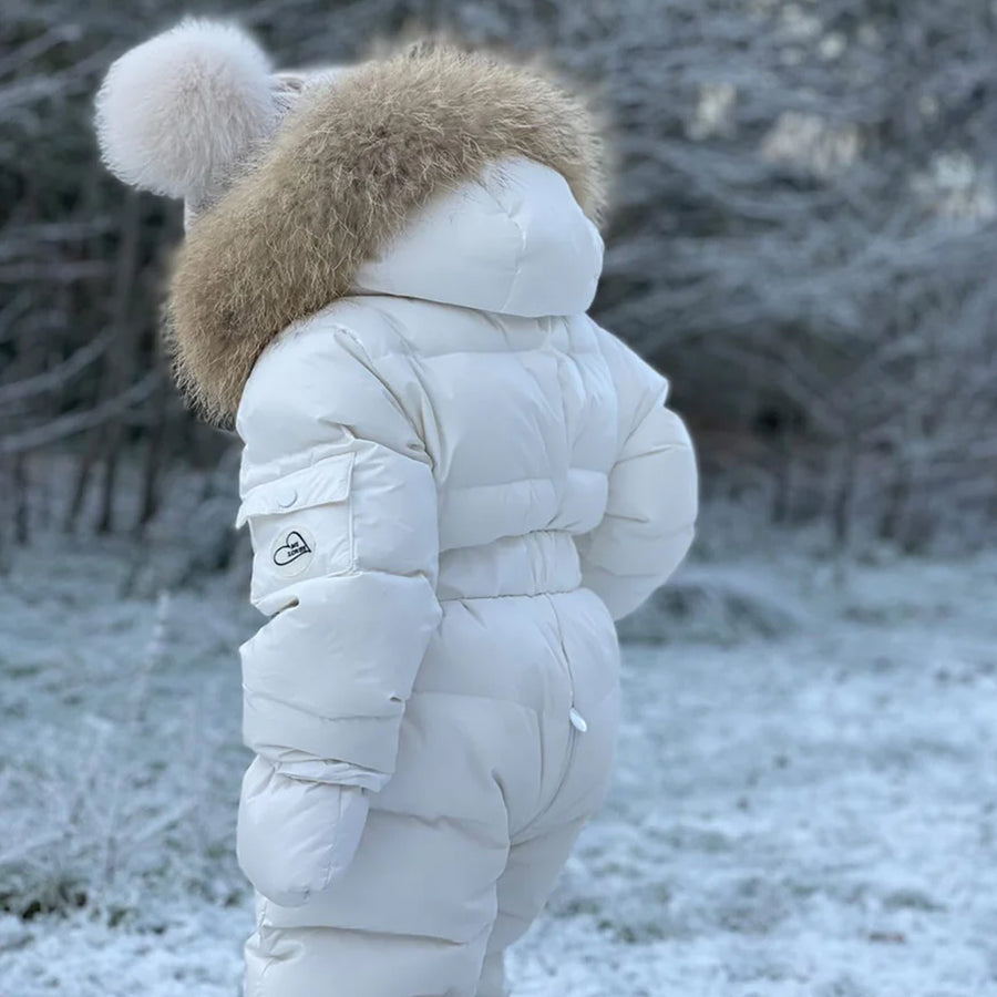 Mi Loves :: Luxurious Racoon Fur Trim Snowsuit White With Brown Fur