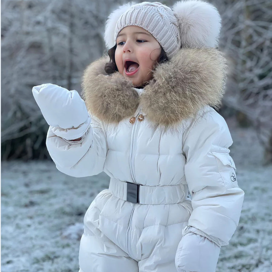 Mi Loves :: Luxurious Racoon Fur Trim Snowsuit White With Brown Fur