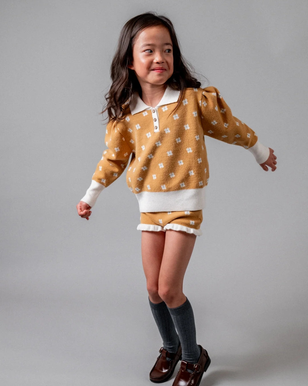 Birinit Petit Mustard Floral Knit Sweater and Bloomer set girl, alternate view