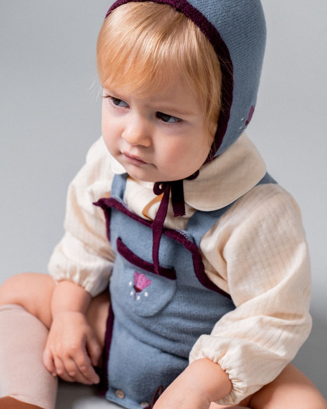 Birinit Petit Stone Knit Embroidered Bonnet - baby hat close-up