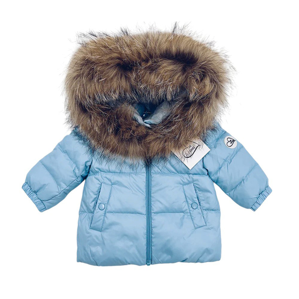 [Pre Order] Mi Loves Luxurious Racoon Fur Trim Puff Jacket in Blu