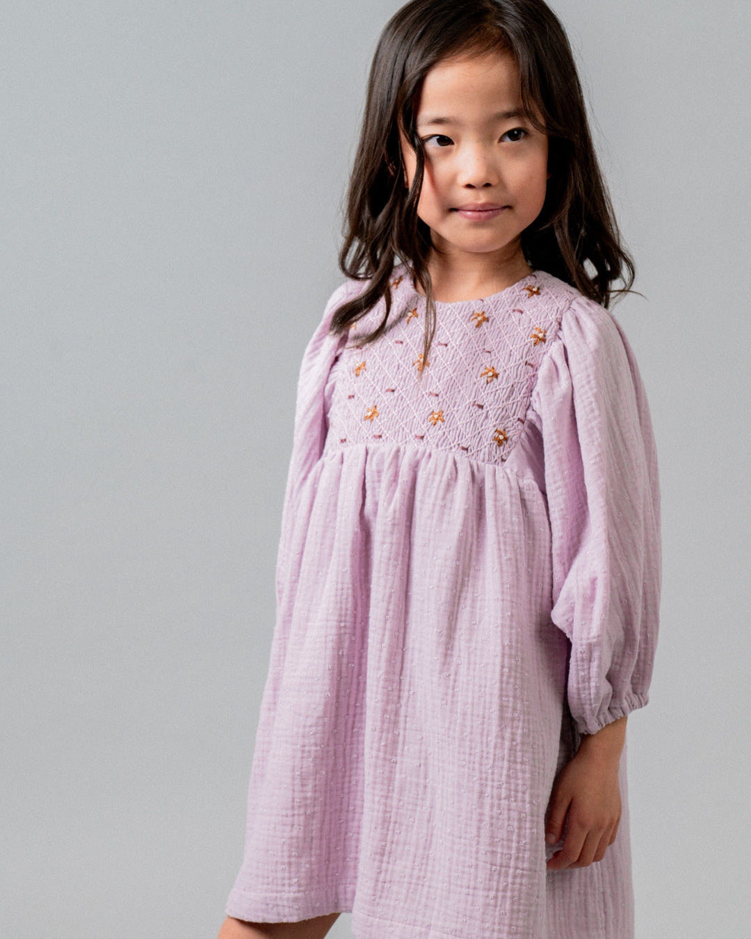 Birinit Petit Mauve Plumeti Embroidered Smocked Dress - girls dress detail view