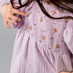 Birinit Petit Mauve Plumeti Embroidered Smocked Dress - girls dress close-up