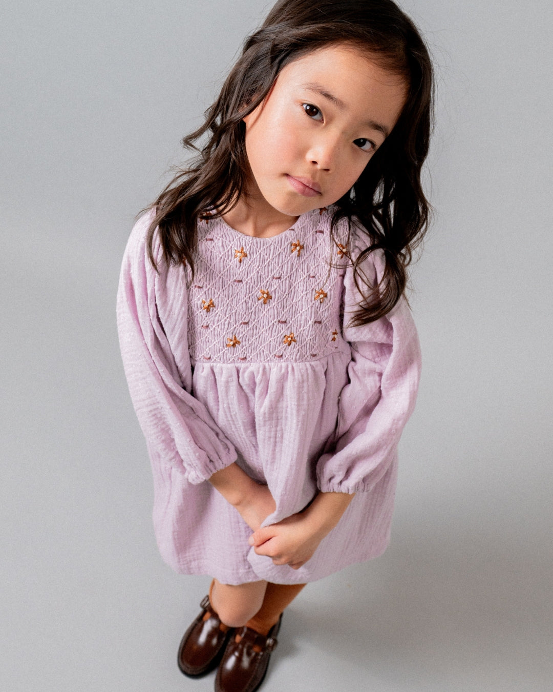 Birinit Petit Mauve Plumeti Embroidered Smocked Dress - girls dress worn