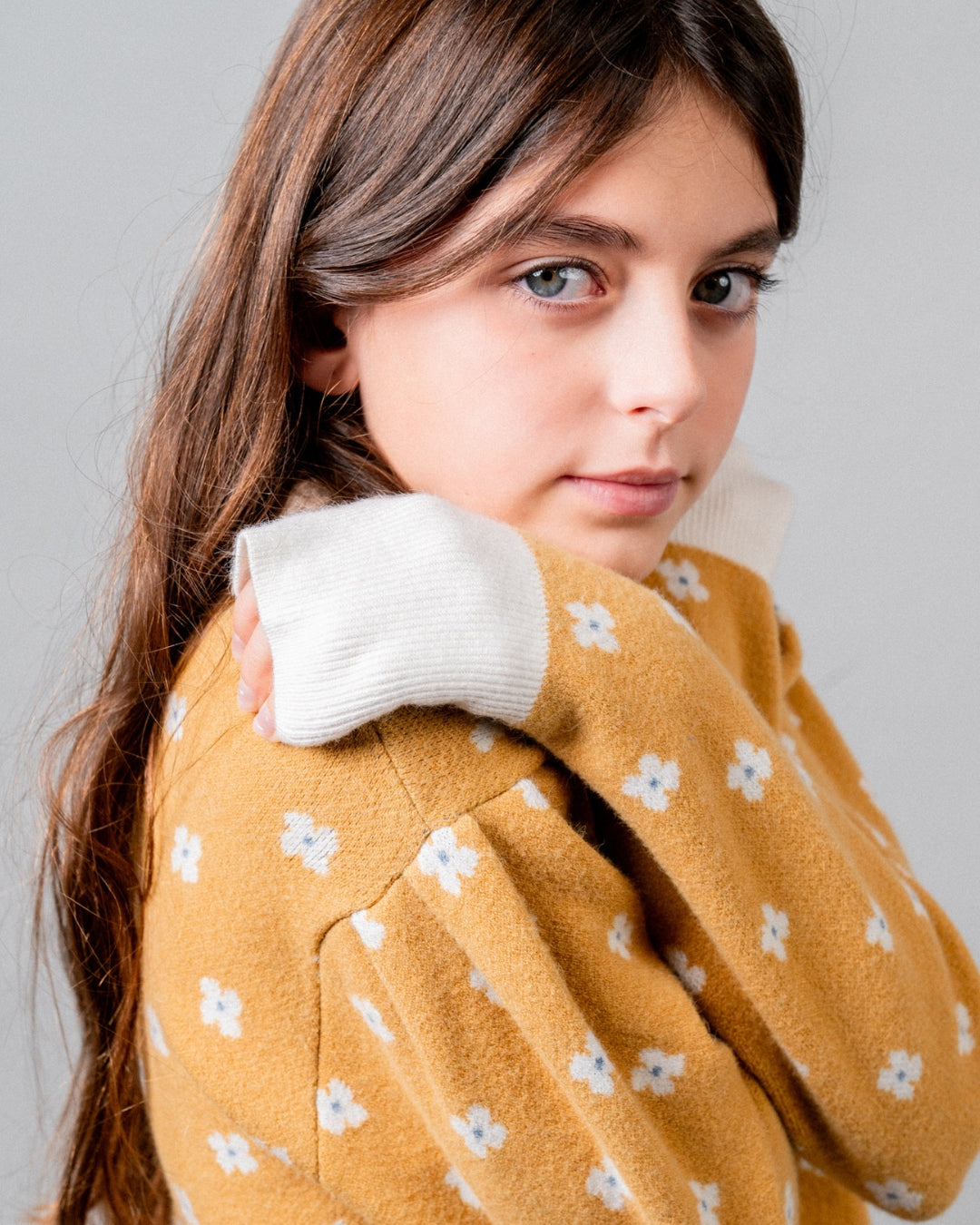 Birinit Petit Mustard Floral Knit Sweater - girls sweater worn