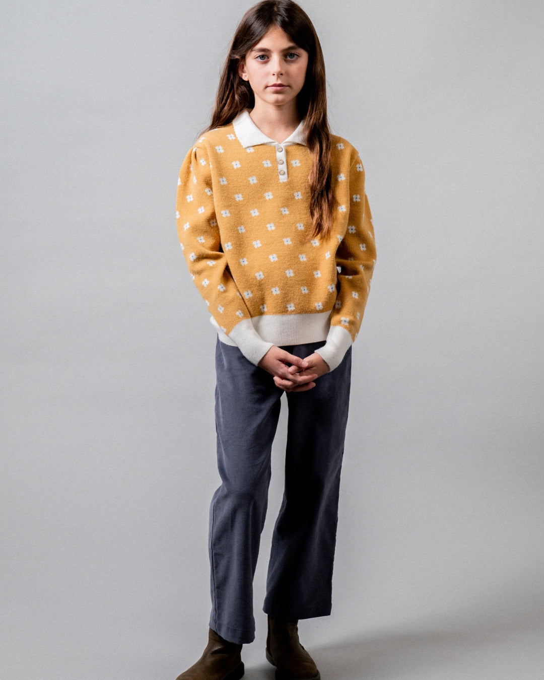 Birinit Petit Mustard Floral Knit Sweater - girls sweater close-up