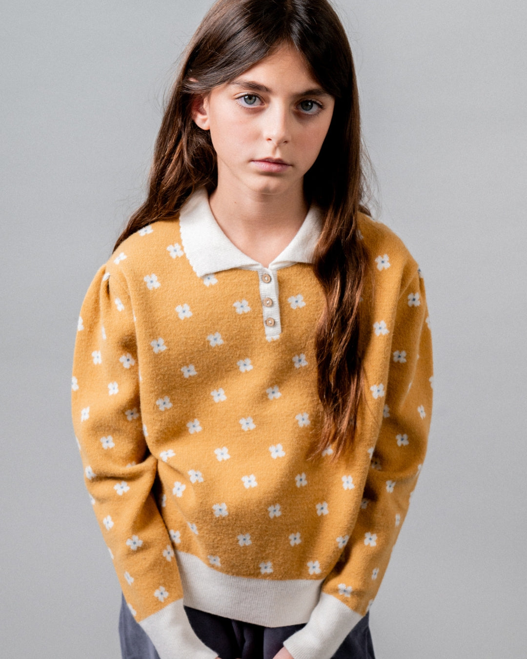 Birinit Petit Mustard Floral Knit Sweater - girls sweater detail