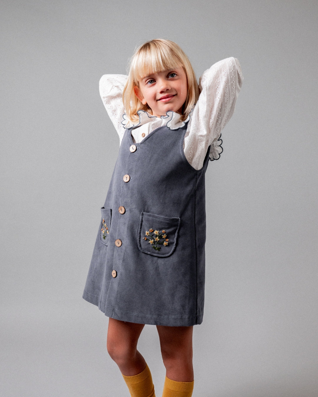 Birinit Petit Storm Blue Corduroy Embroidered Overall Dress - girls dress worn