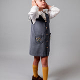 Birinit Petit Storm Blue Corduroy Embroidered Overall Dress - girls dress detail