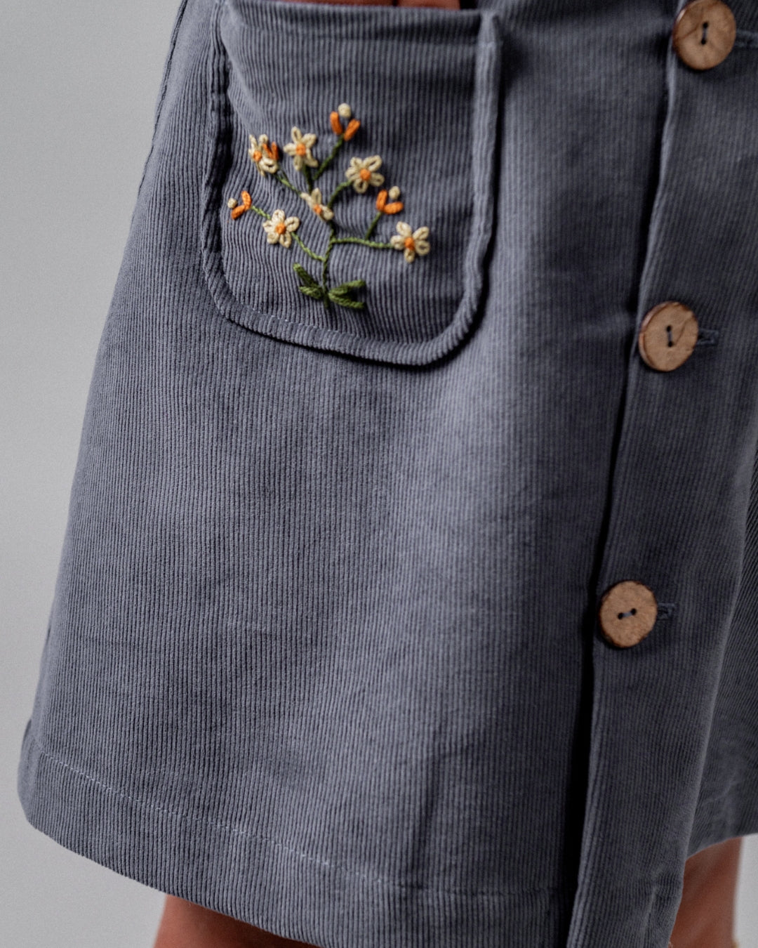 Birinit Petit Storm Blue Corduroy Embroidered Overall Dress - girls dress close-up